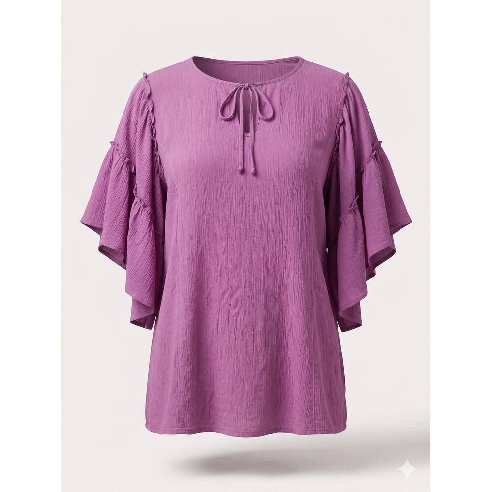 Susan Graver Womens 2X Boho Feminine Artsy Tie Neck Ruffle Flutter Sleeve Tunic
